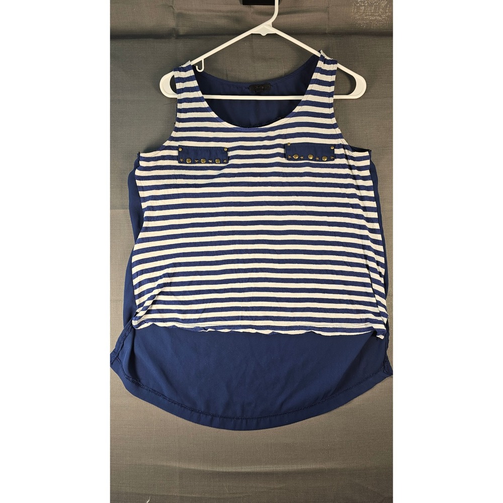 E&M Navy Blue White Striped Studded‎ Star High-Low Tank Top Medium TA366b
